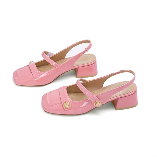 Image of Slingback Mary Jane Heels for Women Low Block Heel Closed Square Toe Pump Shoes Heels Classic Daily Office Dressy Shoes