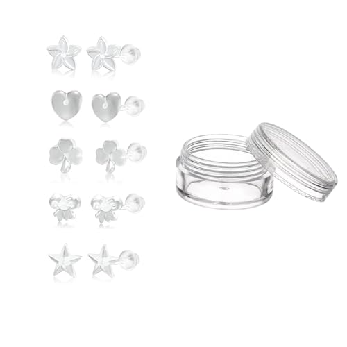 Pence & Moon Collective 10 Pcs Clear Earrings for school, Invisible Plastic Earrings for Sensitive Ears & Hypoallergenic Silicone Set with Storage Box