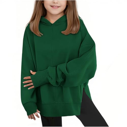 Generic - Sweat à capuche surdimensionné pour fille avec trou pour le pouce - Pull tendance à fente latérale - Automne et hiver - Manches longues - Patchwork uni, Vert noir, 11-12 ans