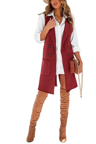 Danedvi Women Open Front Lapel Collar Cardigan Vest Button Down Long Sweaters Cardigan Solid Outerwear Coats Burgundy thumb #3