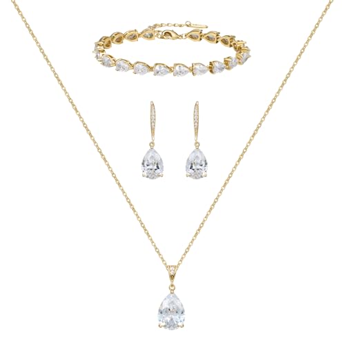SWEETV Gold Bridal Jewelry Set for Wedding Cubic Zirconia Crystal Wedding Jewelry Set for Bride Bridesmaid Crystal Teardrop Pendants Earrings Necklace Bracelet Set for Prom