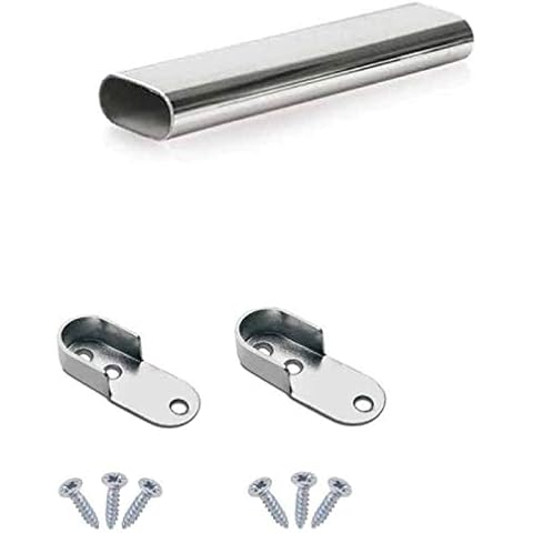 Oval Rail Wardrobe Polished Chrome Hanging Tube Metal Closet Organizer Cut to Size + END SUPPORTS and SCREWS by MKGT® (800mm (0.8m) ~31.5″) Cover