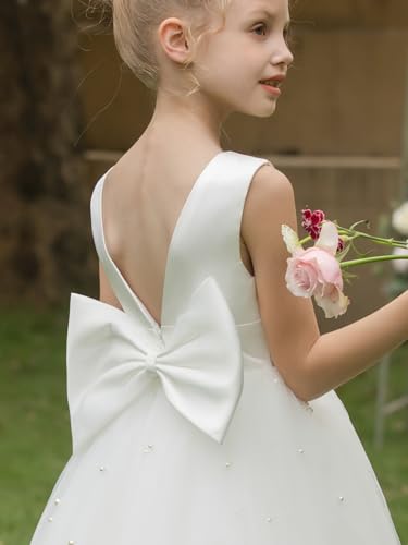 Pearl Beads Flower Girls Dress Sleeveless Puffy Tulle Princess Pageant Dresses First Communion Gown with Bow3