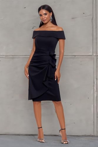 Xscape Women's Knee Length Off-The-Shoulder Scuba Side Ruched Dress3