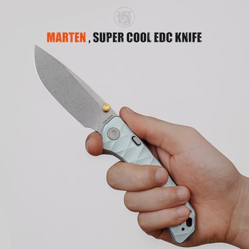 Image of Vosteed Marten EDC Folding Pocket Knife - 3.30 inch 154CM Stonewash Blade - Top Liner Lock, Light Blue Aluminum Handle - Hunting, Hiking Knives - A1614
