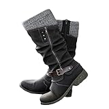 Onsoyours Hohe Stiefel Damen Mit Absatz Lange Stiefel Sexy Flach Winterstiefel Casual Cowboy Stiefel rutschfeste Winterstiefel Westernstiefel Klassisch Winterschuhe B Schwarz 39 EU
