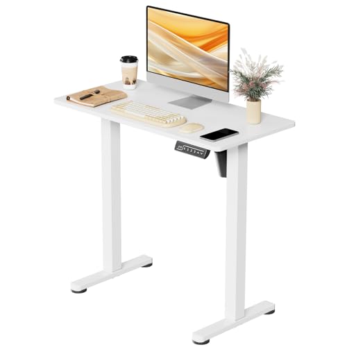 Image of JOY worker Small Electric Standing Desk, 31.5 inch x 15.75 inch Whole Piece Height Adjustable Desk with Memory Controller, White Sit to Stand Workstation for Home Office