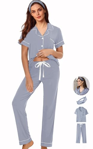 Image of WJing Yi Jia 3Pcs Soft Pajama Sets For Women XS-XXL Womens Pajamas Set Sleepwear Button Down Short Sleeve Long Pants Pj sets
