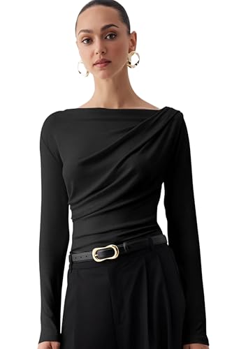 Image of SIGHTBOMB SOFTLINE Asymmetric Boat Neck FRONTFLOW Gathered Waterfall Afford LUX Edition Formal WEAR Long Sleeve Feather Touch TOP for Women