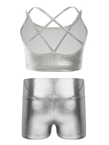 TTAO Kids Girls 2 Piece Gymnastics Dance Outfits Shiny Metallic Crop Tank Top with Shorts Set Training Wear2