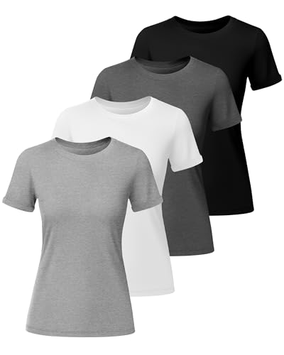 Ficerd 4 Pack Women's Cotton T Shirts Casual Short Sleeve Tunic Tops Crewneck Plain Summer Loose Fit Rolled Sleeve Basic Tee2