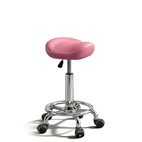 Image of Saddle Stool Adjustable Height Ergonomic Swivel Chair | PU Leather Saddle Seat without Back and Ring Pedal for Salon, Spa, Medical, Massage & Drafting Use Pink