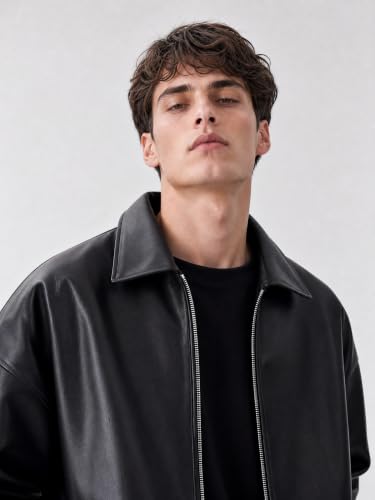 Image of EF **Elite Fame OBSIDIAN Premium Faux Leather Jacket for Men | Oversized Boxy Fit, Shirt Collar, Full Sleeve, Front Zipper Closure, Stylish Casual Winter Streetwear Jacket.