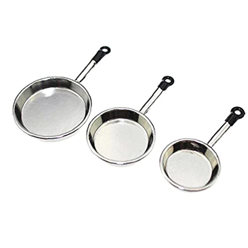 TongICheng 3Pcs/Set Miniature Frying Pans Dollhouse Kitchen Ware Dollhouse Decoration Doll House Accessories Mini Pans for Dollhouse, Silver