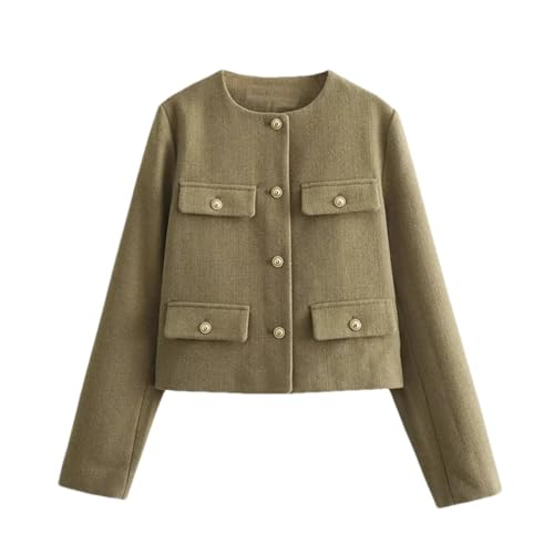 Women Long Sleeve Tweed Cropped Jacket Vintage Slim Button Down Petite Blazer Coat with Flap Pocket