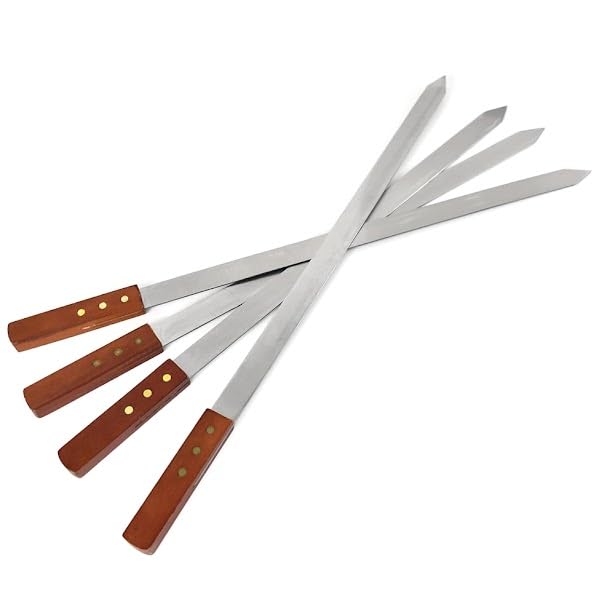 BML 4 Pcs Flat Kebab Skewers | Stainless Steel Heavy Duty Reusable Turkish BBQ Grilling Skewers with Wooden Handle | Perfect for Kebab, Kebob and Shish (24 mm Wide)