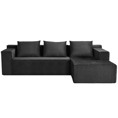ANONER 260cm L-förmiges modulares Ecksofa mit Chaise Lounge, Tiefsitz-Eckcouch aus weichem Cordstoff, Moderne Wohnzimmermöbel montagefrei, rechts ausgerichtet, dunkelgrau