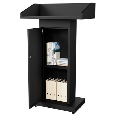 Tredre Podium Stand with Wheels for Lectern Presentation, Heavy-Duty Metal Pulpits for Offices, Classrooms, Conferences and Churches, Scratch-Resistant Surface, Hidden 2-Tier Storage, 46.5”H Black