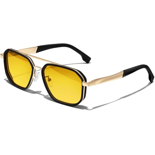 KANASTAL Nachtfahrbrille Herren und Damen Retro Quadratisch Nachtbrille zum Autofahren Anti Blende Nachtsichtbrille UV400 Schutz, Matt Schwarz Gold Rahmen Gelb Gläser