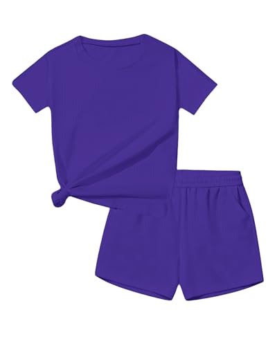 Image of Bestuline Girls Summer 2 Piece Outfits,Basic Short Sleeve Top & Shorts Set with Side Pockets,4-14Y