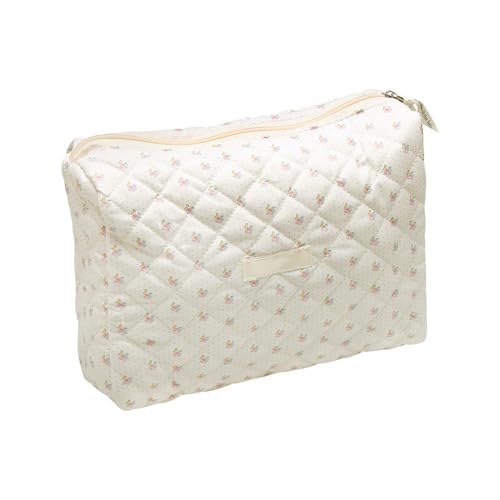 Image of Hopzab Quilted Rice Floral Cosmetic Bag, Large Capacity Travel Pouch, Cute Design Makeup Organiser, Versatile Toiletry Holder