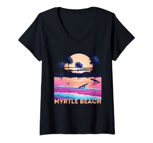 Womens Retro Myrtle Beach South Carolina Souvenir Surf V-Neck T-Shirt