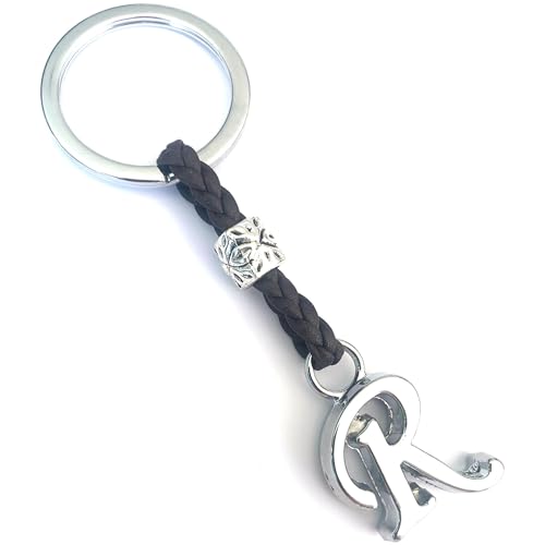 Llavero de Cuero con Iniciales Personalizado - Letras y abalorios de zamak Chapado en Plata - Llavero para Hombre o Mujer - Ideal para Regalo (R)
