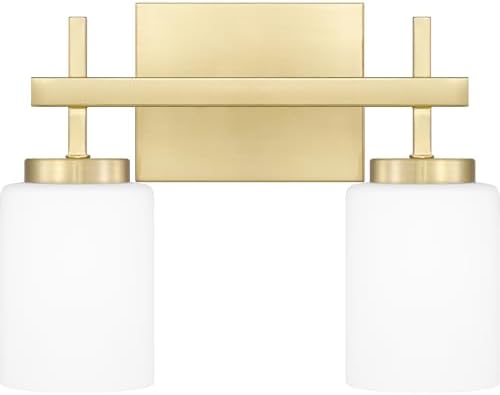 Quoizel Wilburn Modern LED Bath Vanity Lights, 13 Inch 2-Light Satin Brass Bathroom Lighting Fixtures Over Mirror, Opal-Etched Glass, 15W LED Wall Mount Light for Bathroom, Kitchen or Hallway