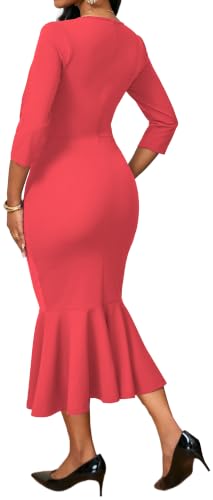 Image of Elegant Dress for Women Sexy V Neck Long Sleeve Bodycon Midi Fishtail Dresses