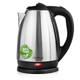LEHMANN Bollitore Elettrico in Acciaio Inox, Capacità 1,8 L, 2200 W, senza BPA, Base Girevole 360°, Doppia Parete, Spegnimento Automatico, Ideale per Famiglia e Ufficio, Argento