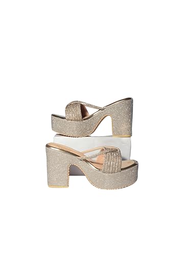 Image of Women's Stylish Platform Block Heel Sandals with Glitter Finish, Cross Strap Design, Cushioned Insole & Slip-On Comfort - Perfect for Weddings, Receptions, Festive & Evening