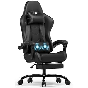 Massage Gaming Stuhl, Computer Bürostuhl mit Fußstütze, Racing Gamer Stuhl 150kg Belastbarkeit, 90-135° Rückenlehne einstellbar Ergonomischer PC Stuhl, 360° drehbar, Schwarz