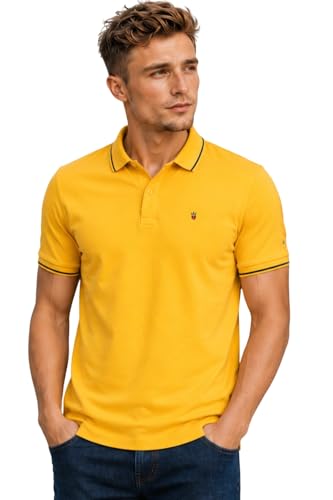 Image of Louis Philippe Men's Slim Fit Single-Tuck Pique Stylized Sleeve Print and Contrast Tipping Half Sleeve Solid Polo Tshirt