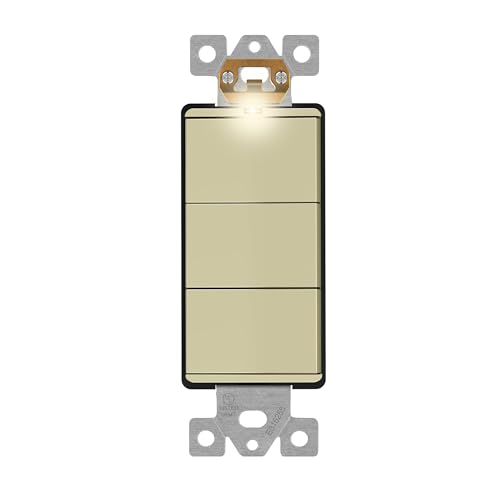 Image of LIDER Minimalist Design Lighted Triple Switch, Combination Frameless Decorator Switch with Locator Light, Ground Terminal, Single Pole, 15A 120-277V, LCS3-1P-I, UL Listed, Thermoplastic, Matte Ivory