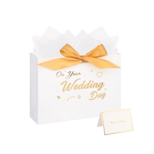 Wedding Gift Bag with Tissue Paper and Card 11 inches White Gift Bag for Wedding Presents