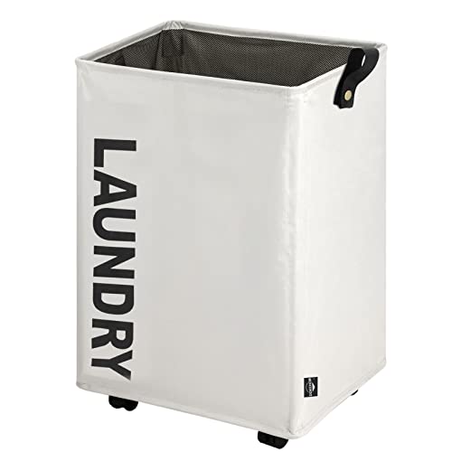 DOKEHOM 22-Inches Large Laundry Basket on Wheels, Collapsible Rolling Laundry Hamper, Foldable Clothes Organizer, Folding Washing Bin (Beige)