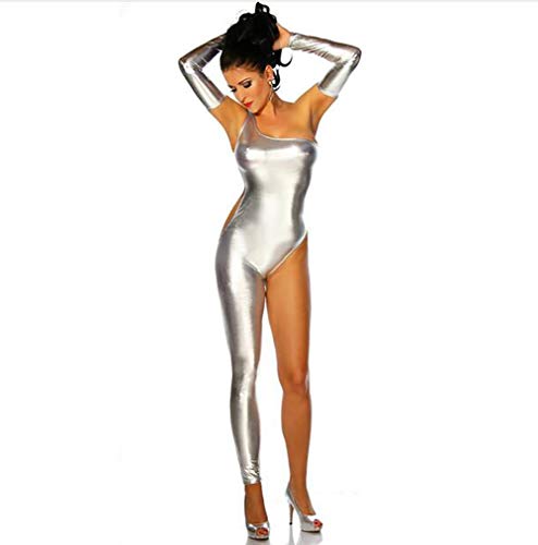 BZGG Femmes Latex Catsuit Une épaule Jambe Unique Combinaison Faux Cuir Les boites de Nuit Look mouillé Sexy Bodysuit,Silver-M Cover