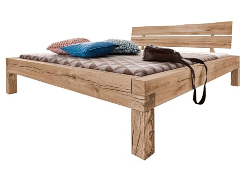 MASSIVMOEBEL24.DE Balkenbett Wildeiche 200x200 Bianco geölt JANGALI #213