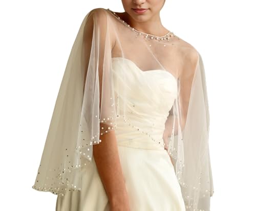 Chal de perlas, capa de tul transparente, elegante, para mujer, vestido de novia, blanco, Talla única