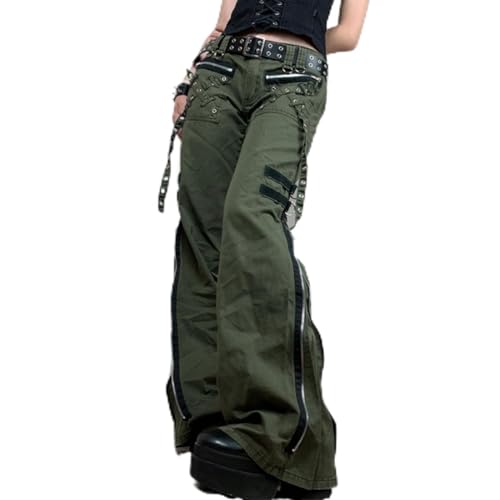 SARGE Pantalones Cargo de Cintura Baja de Vendaje gótico Punk Holgados Retro Kawaii Pantalones Grunge Verde Cremallera Jeans Mujeres Pantalones de chándal Coreanos