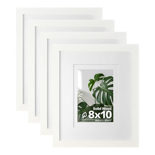 Egofine 8x10 Picture Frames 4PCS, Made of Solid Wood Display 4x6 and 5x7 with Mat Covered by Plexiglass, for Table Top Display and Wall Mounting Photo frame, White with Texture