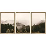 SIGNWIN 3 Piece Framed Canvas Wall Art Brown Foggy Mountains Nature Wilderness Photography Abstract Rustic Canvas Prints Home Artwork Decoration for Living Room,Bedroom - 24'x36'x3 Natural