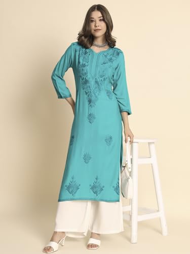 Image of VAIRAGEE Women's Embroidered Lukhnavi Chikankari Work Straight Rayon Ethnic Kurta | Casual Office Kurta for Women