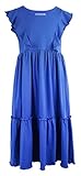 Kid Nation Girls Ruffles Cap Sleeves Crew Neck Long Lace Maxi Dress with Pockets Blue L