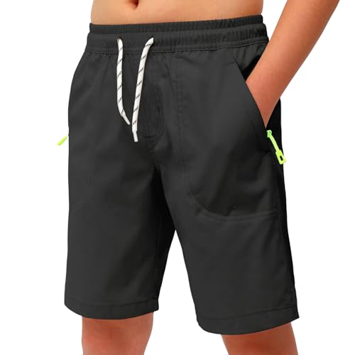 MEILONGER Jungen Shorts Kinder Legerer Sti Klassische Passform mit Ziehriemen Sommer Beach Shorts aus Drillich mit Reißverschluss Taschen(Schwarz,176)