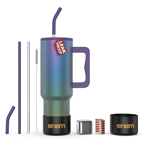 Image of enem Tumbler, Midnight Aurora, Tumbler with Metal Straw, Sipper, with Lid Leak Proof, 1 Metal Ice Cube, 1 Copper Spring (Tamba), Base Protector, Mug Travel, 1.2L