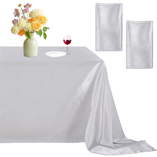 B-COOL Silver Satin Tablecloth Birthday 2 Pack Party Rectangle Table Overlays for Holiday Wedding Baby Shower Ceremony 90x132inch by B-COOL - Used condition - US$16.62
