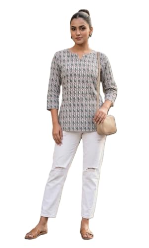 Image of Women's Floral Print Tunic Top, 3 /4 Sleeve, V-Neck, Casual Wear