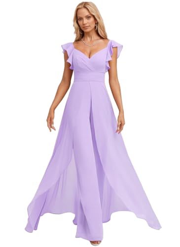 V Neck Chiffon Bridesmaid Pantsuits Ruffles Cap Sleeve Formal Jumpsuit Wedding Guest Dress with Slit JYH37 Lavender