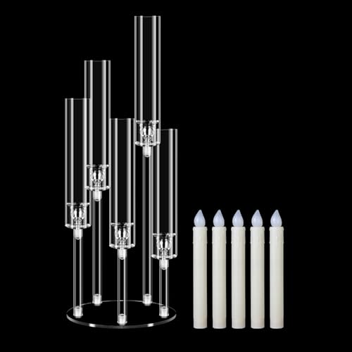 Candelabro de Acrílico 5 Brazos con Velas LED Incluidas, 58 cm de Altura, Portavelas para Centro de Mesa, Bodas, Navidad, Decoración de Fiesta y Chimenea